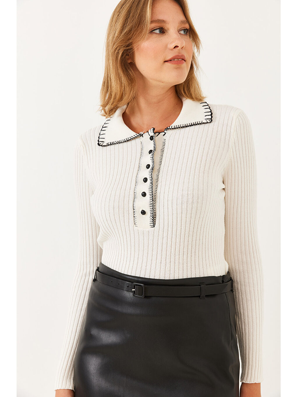 Lila Kadın Polo Yaka Düğmeli Triko Kazak-4