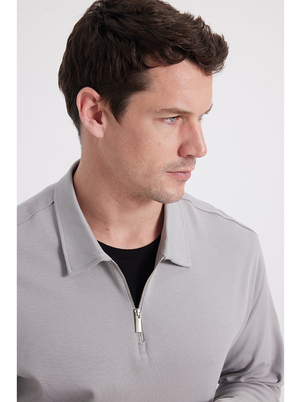 Erkek Relax Fit Rahat Kesim %100 Pamuk Yarım Fermuarlı Polo Yaka İnterlok Gri Sweatshirt-2