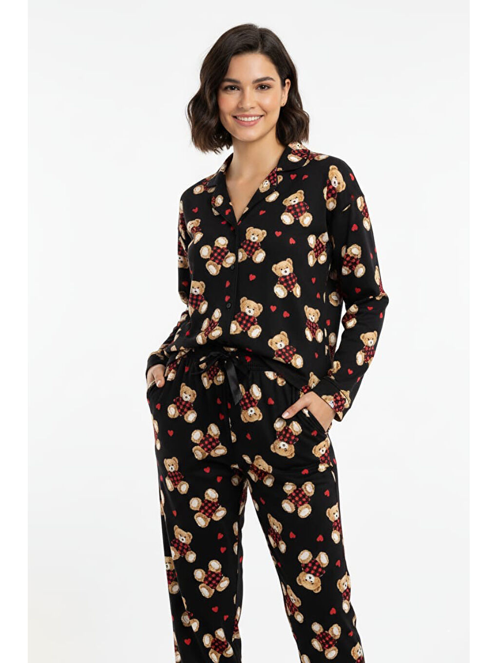 Kalp Ve Ayıcık Baskılı Pijama Takımı Siyah - 27947-SIYAH