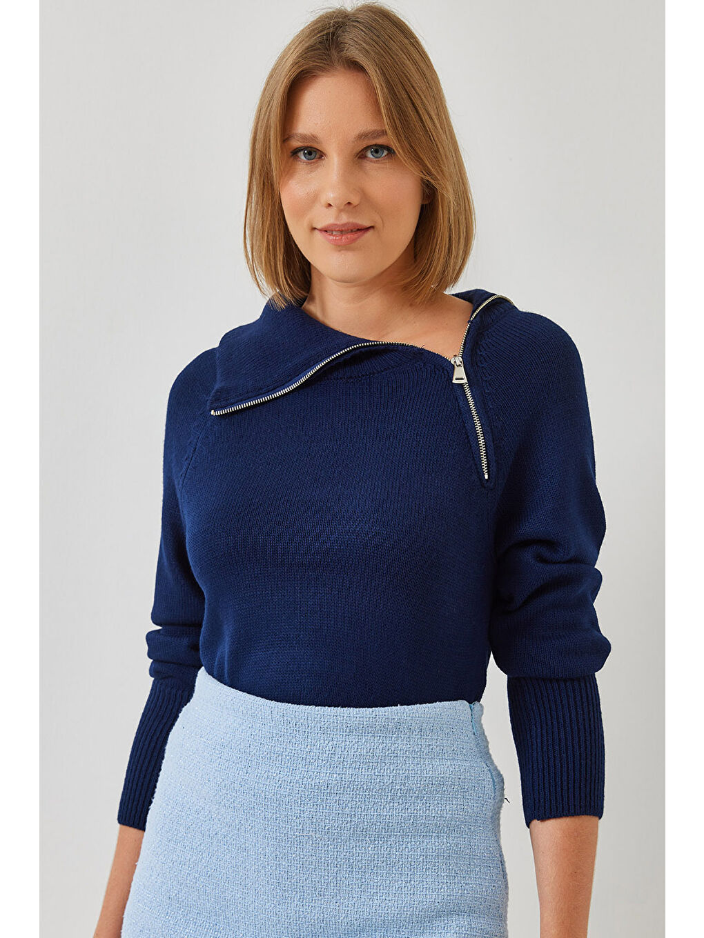 Lacivert Kadın Fermuarlı Reglanlı Triko Kazak