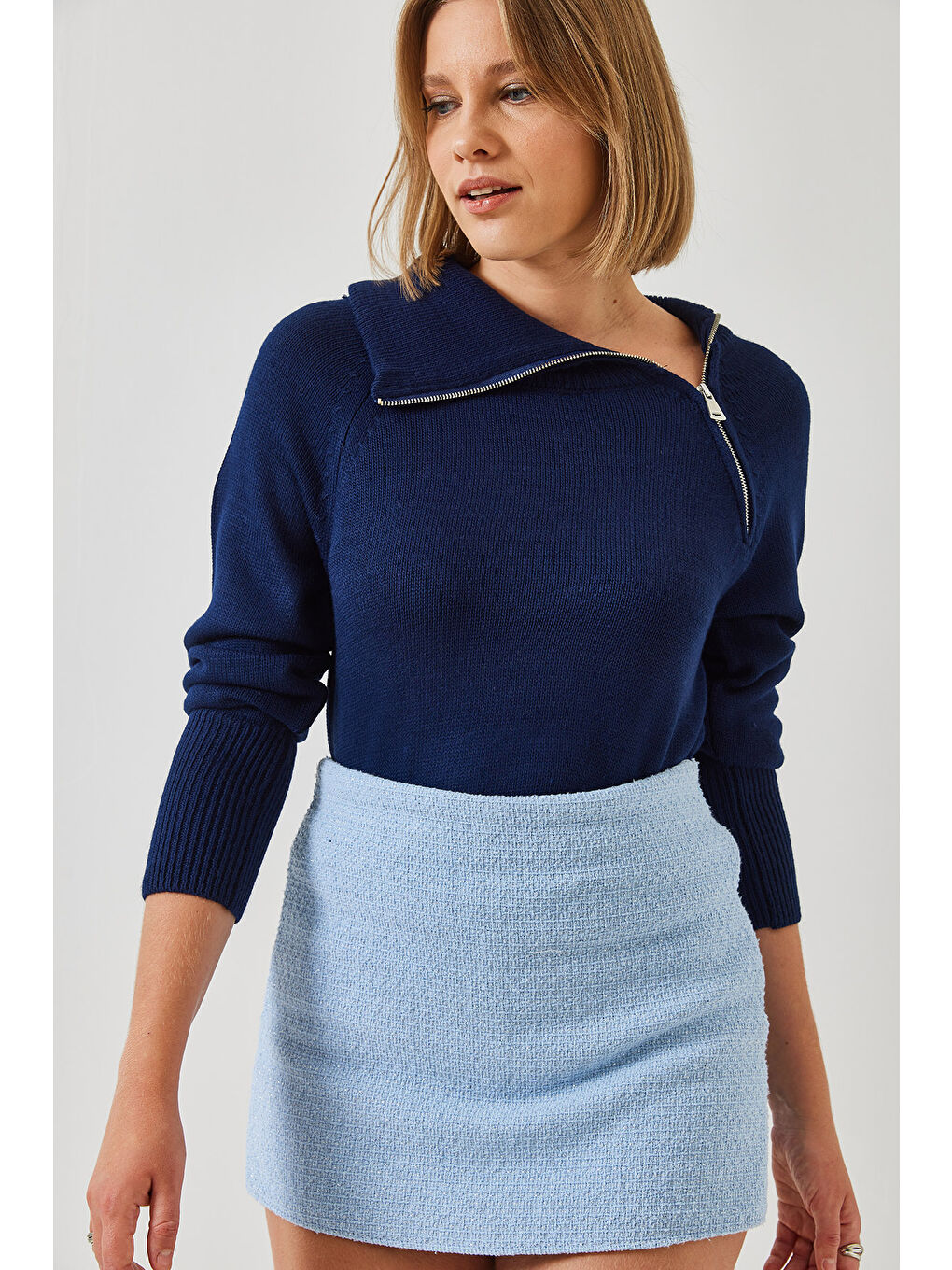 Lacivert Kadın Fermuarlı Reglanlı Triko Kazak-1