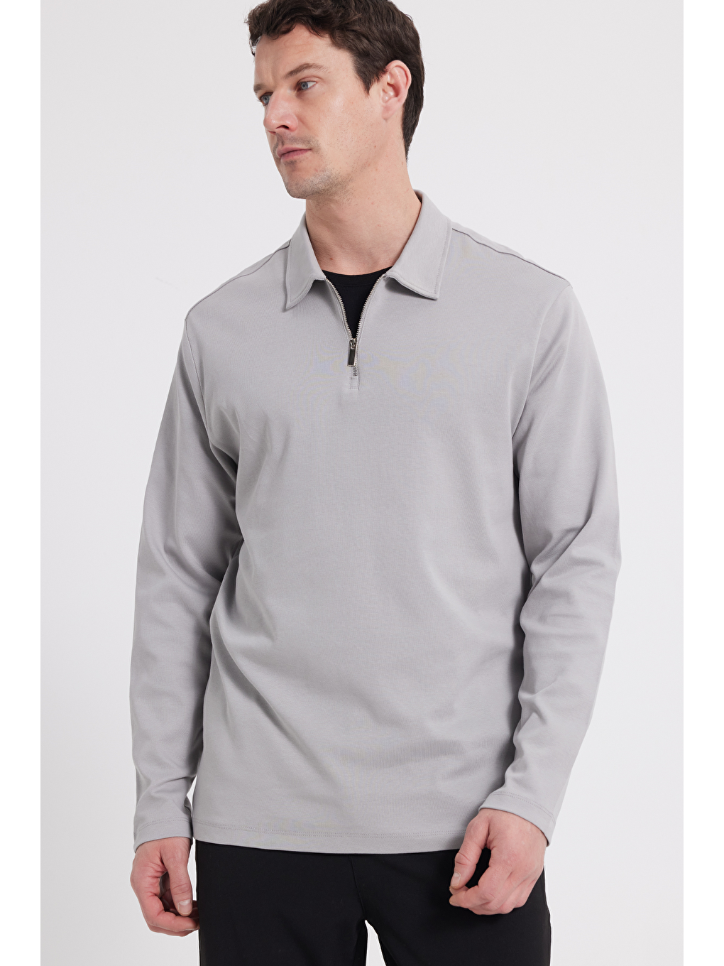 Erkek Relax Fit Rahat Kesim %100 Pamuk Yarım Fermuarlı Polo Yaka İnterlok Gri Sweatshirt-6