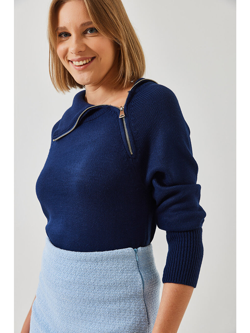 Lacivert Kadın Fermuarlı Reglanlı Triko Kazak-3