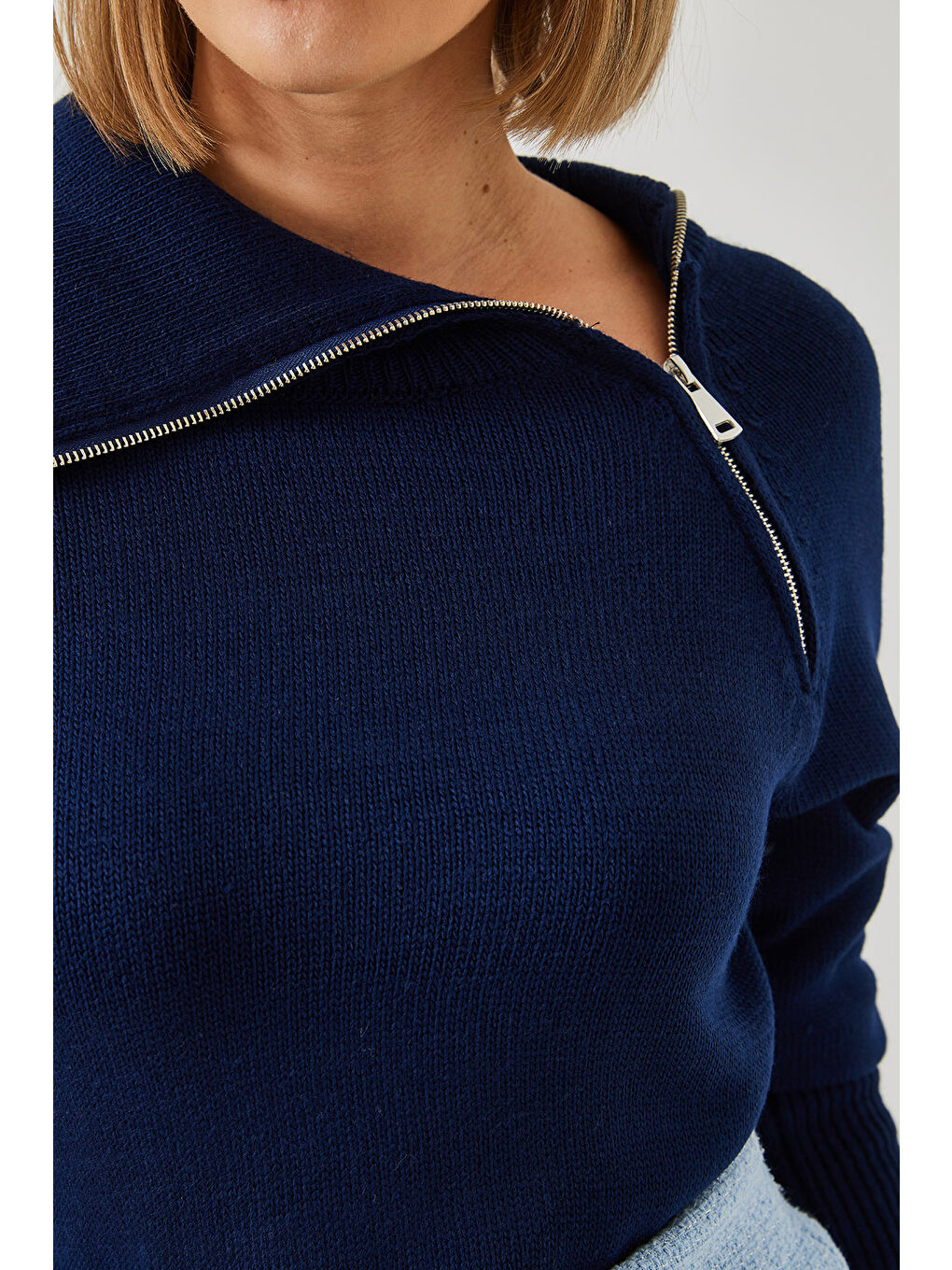Lacivert Kadın Fermuarlı Reglanlı Triko Kazak-4