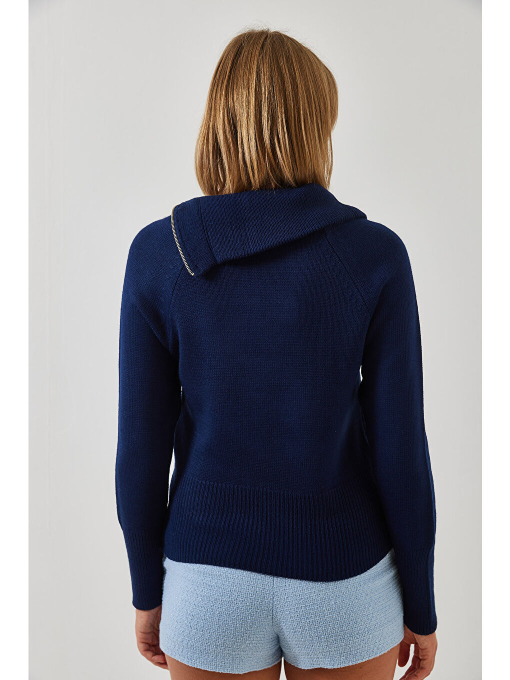 Lacivert Kadın Fermuarlı Reglanlı Triko Kazak-5