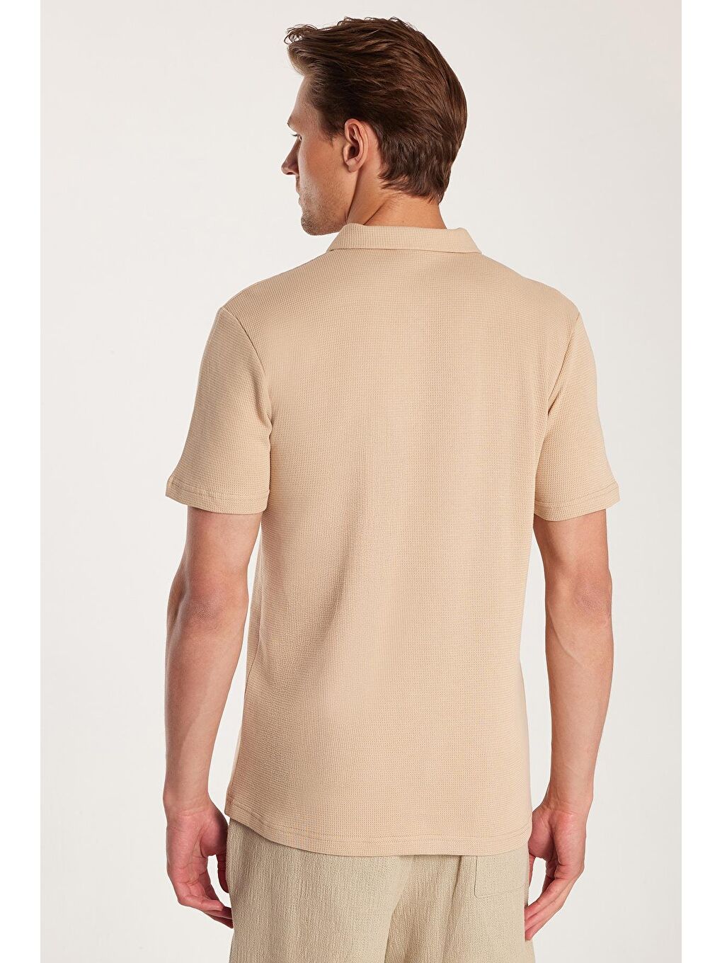 Erkek Slim Fit Dar Kesim %100 Pamuk Fermuarlı Bej Polo Yaka Tişört-4