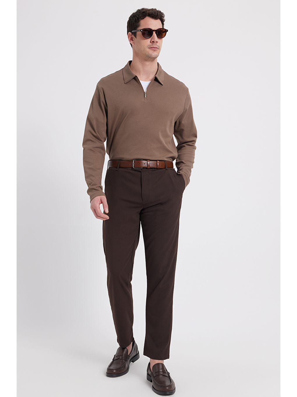 Kahverengi Erkek Relax Fit Rahat Kesim %100 Pamuk Yarım Fermuarlı Polo Yaka İnterlok Koyu Vizon Sweatshirt-1