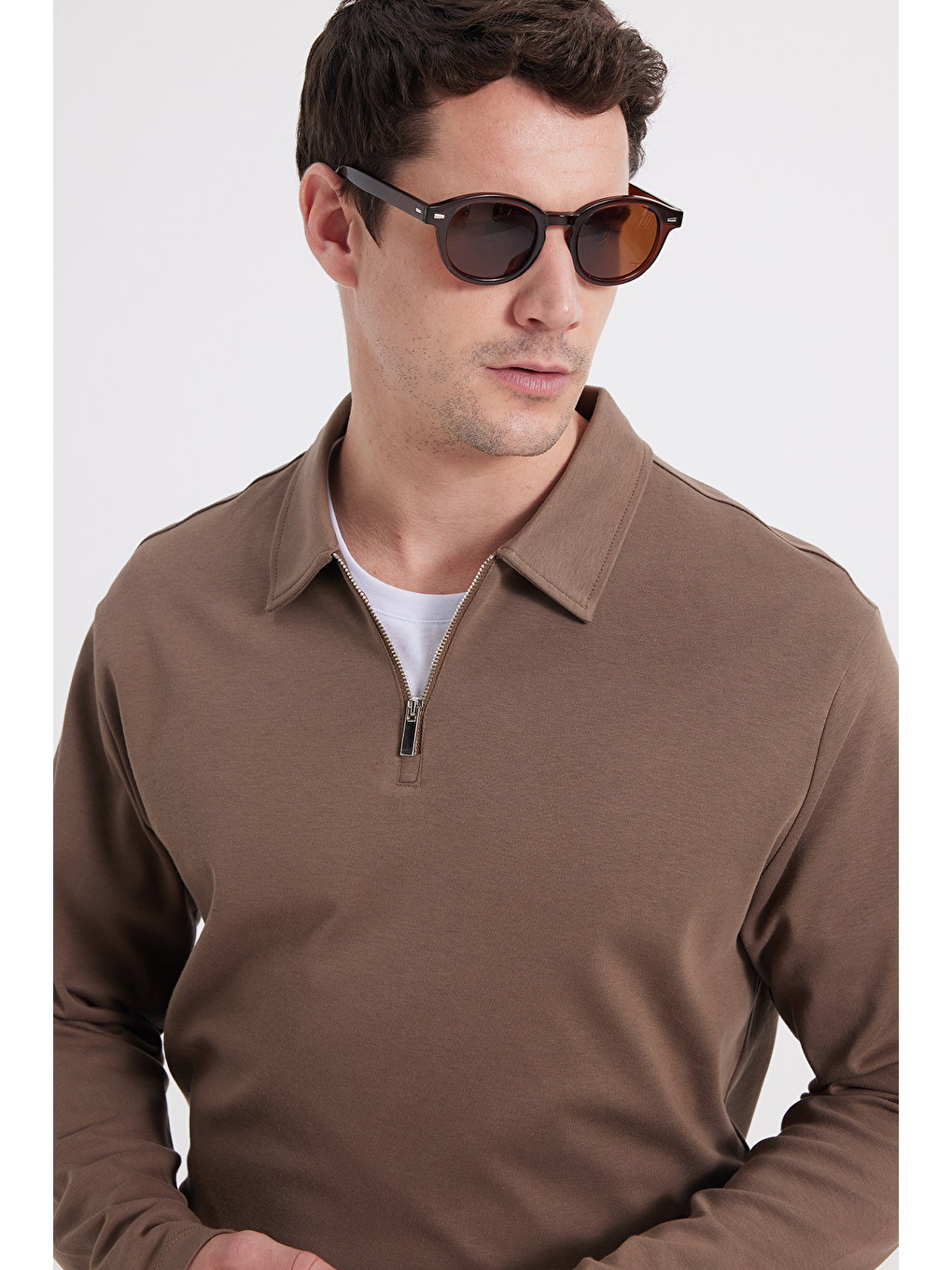 Kahverengi Erkek Relax Fit Rahat Kesim %100 Pamuk Yarım Fermuarlı Polo Yaka İnterlok Koyu Vizon Sweatshirt-2