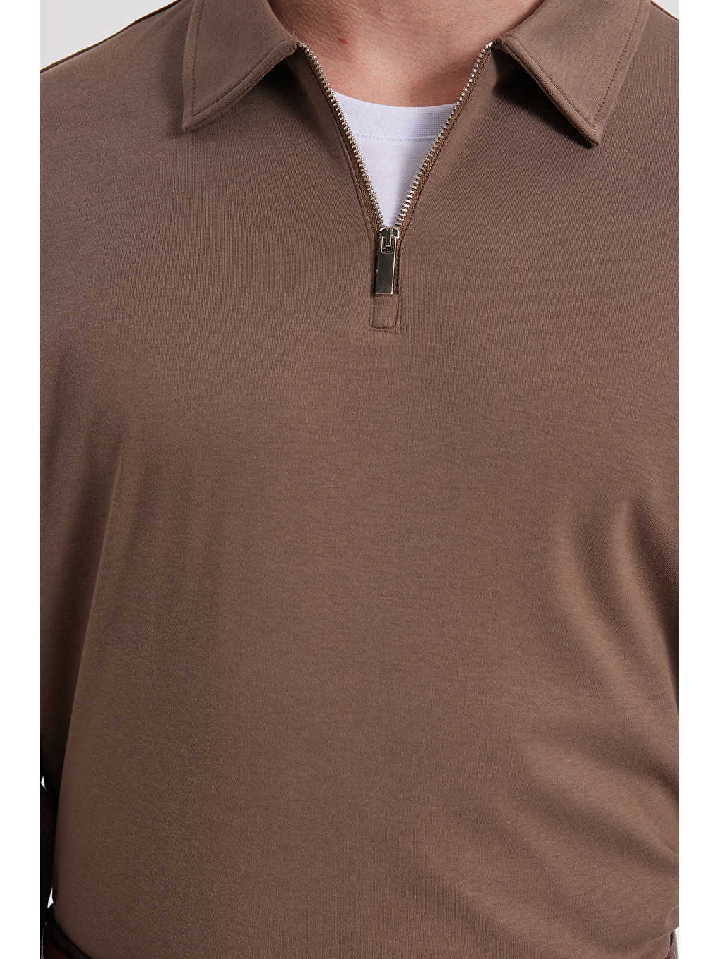 Kahverengi Erkek Relax Fit Rahat Kesim %100 Pamuk Yarım Fermuarlı Polo Yaka İnterlok Koyu Vizon Sweatshirt-3