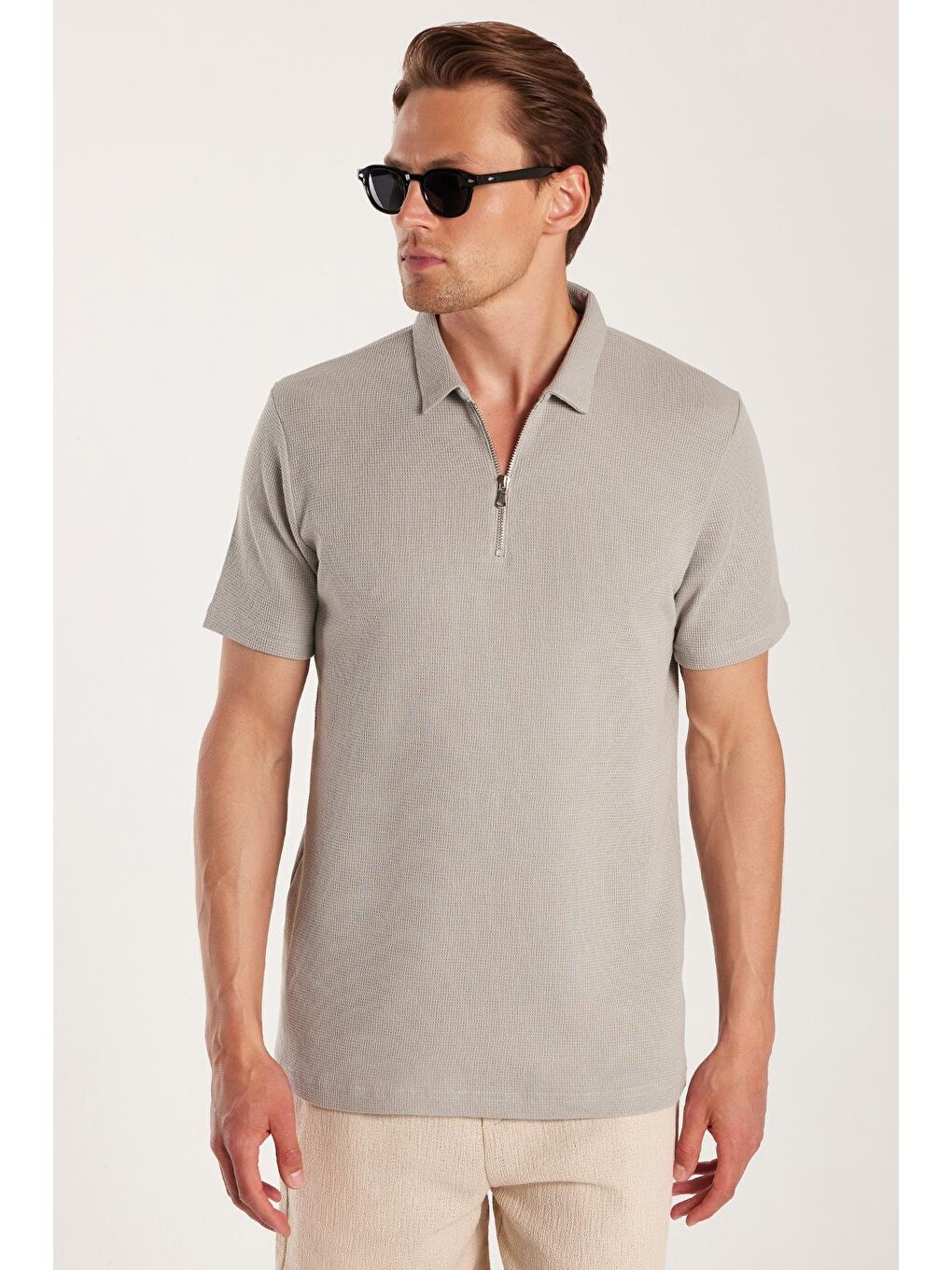 Erkek Slim Fit Dar Kesim %100 Pamuk Fermuarlı Gri Polo Yaka Tişört-3