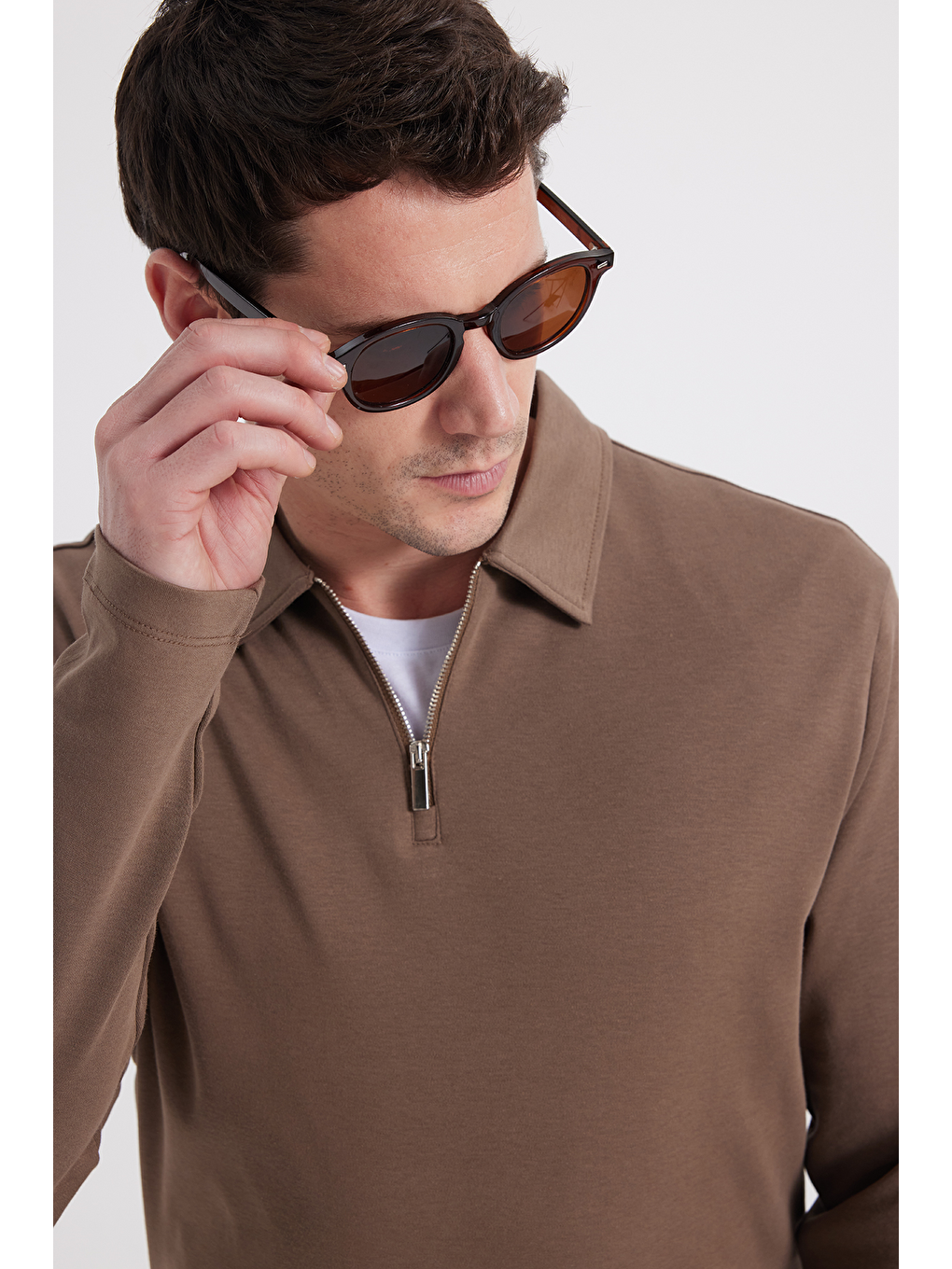 Kahverengi Erkek Relax Fit Rahat Kesim %100 Pamuk Yarım Fermuarlı Polo Yaka İnterlok Koyu Vizon Sweatshirt-6