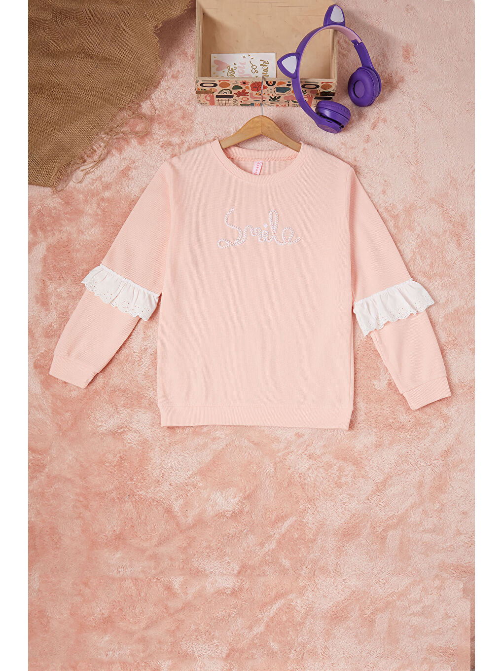 Pembe Life Kids Club Pembe Somon Smile Nakışlı Kız Çocuk Waffle Sweatshirt 16590