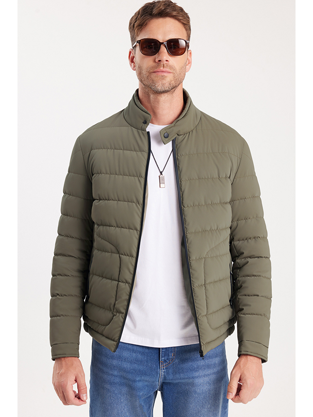 Erkek Regular Fit Klasik Kesim Dik Yaka Çift Cepli Sıcak Tutan Haki Şişme Mont-2