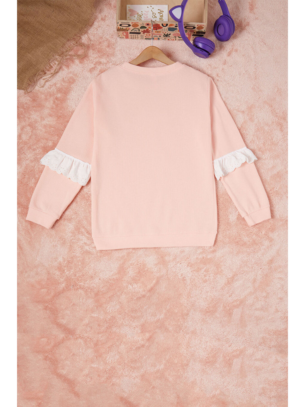 Pembe Life Kids Club Pembe Somon Smile Nakışlı Kız Çocuk Waffle Sweatshirt 16590 - 4