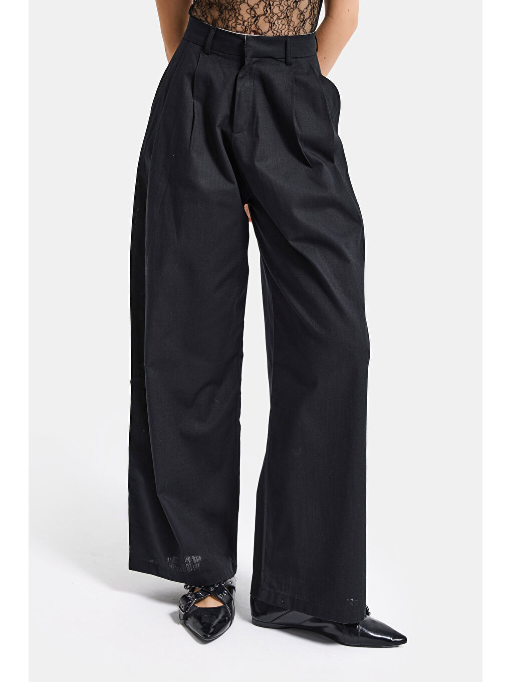 Kadın Siyah Palazzo Fit Yüksek Bel Organik Keten Pantolon-1