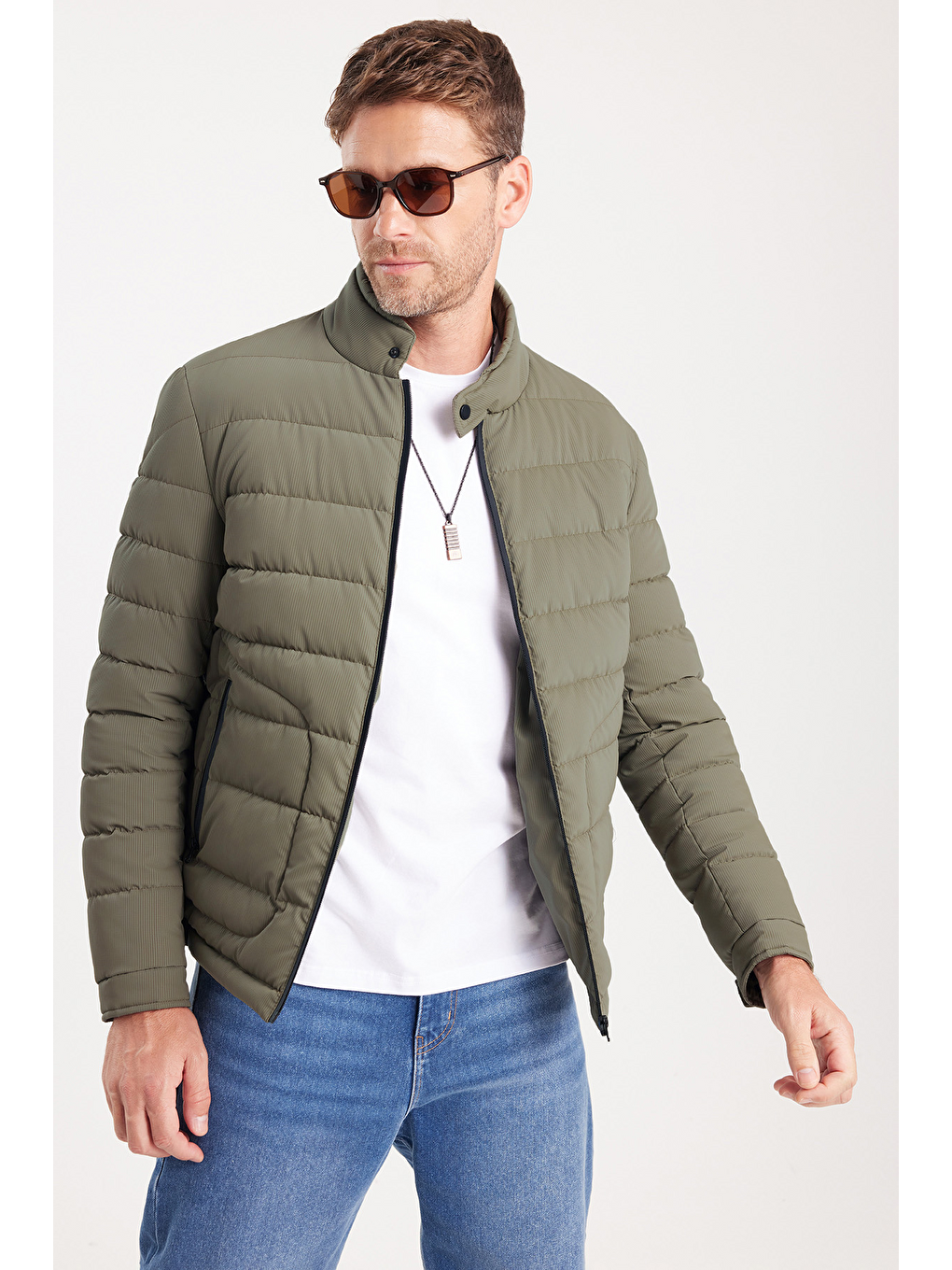 Erkek Regular Fit Klasik Kesim Dik Yaka Çift Cepli Sıcak Tutan Haki Şişme Mont-6