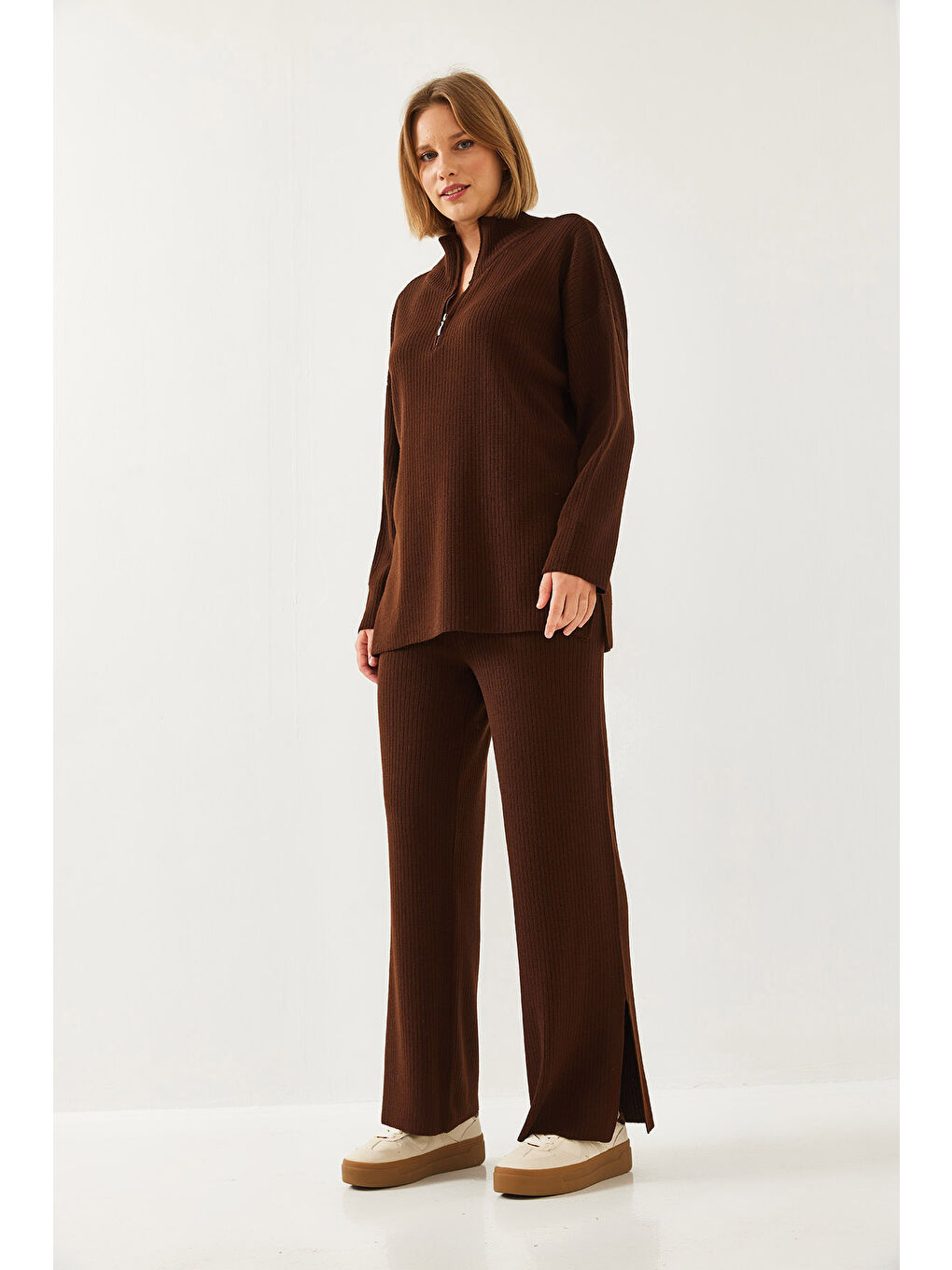 Kahverengi Kadın Uzun Kollu Alt-Üst Takım-4