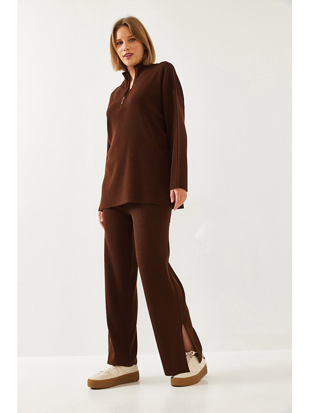 Kahverengi Kadın Uzun Kollu Alt-Üst Takım-5