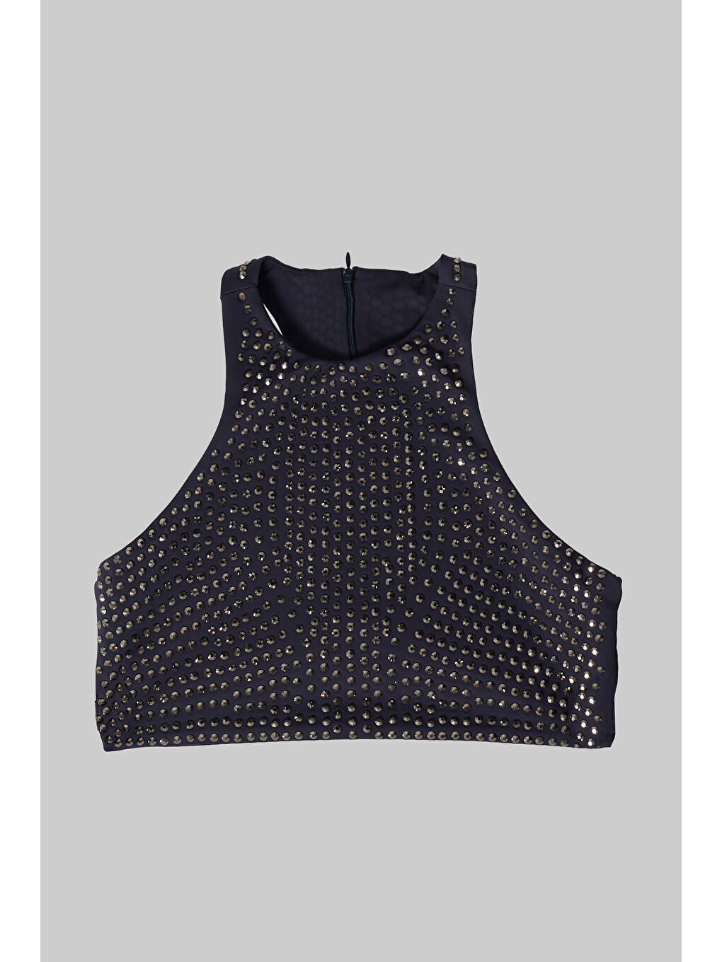 Kadın Lacivert Renk Halter Yaka Parlak Yapıştırma Taşlı Tasarım Crop Top-1
