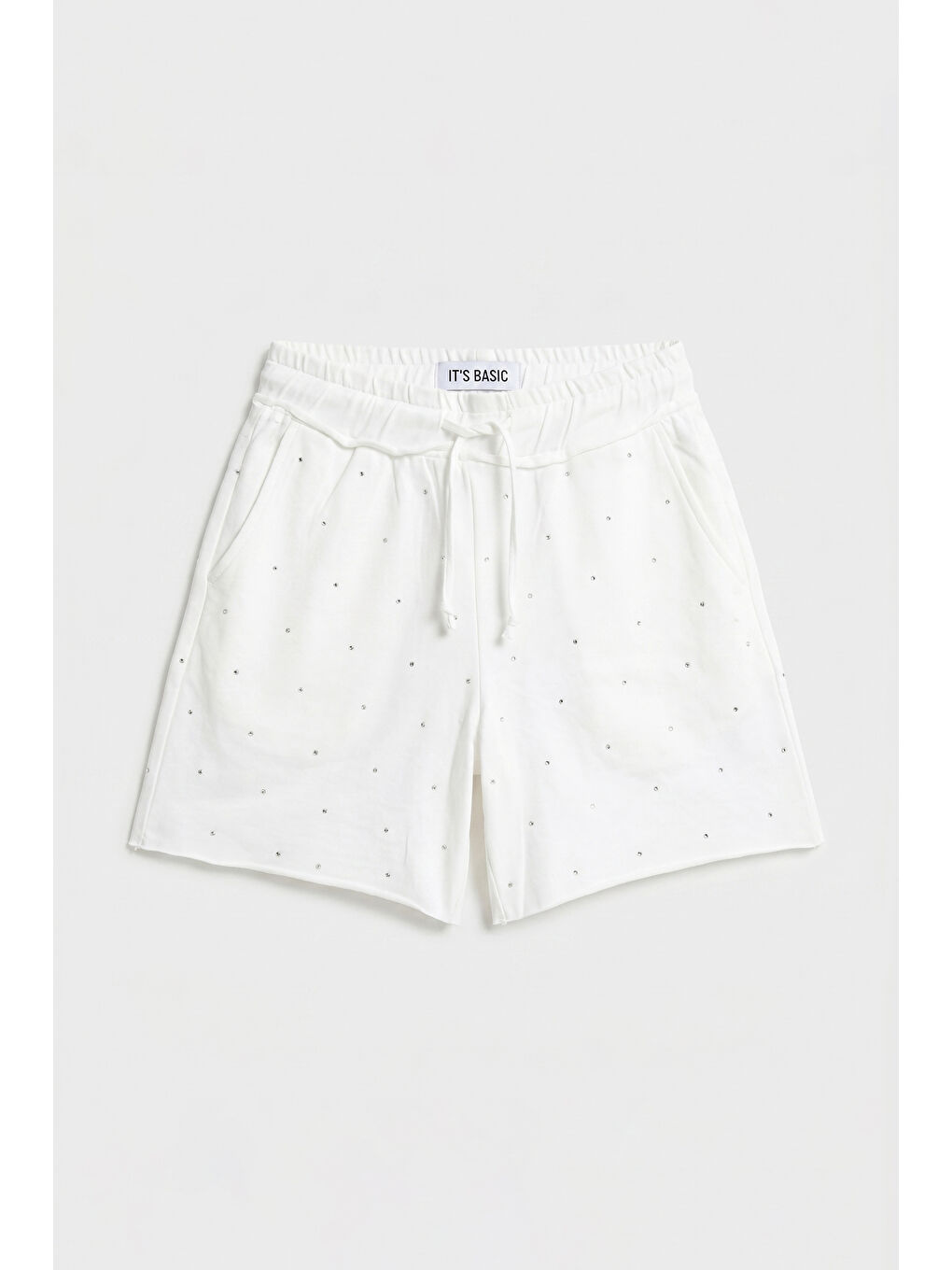 Kadın Beyaz T-s6-101 Relax Fit Parlak Taşlı Özel Tasarım Örme Şort