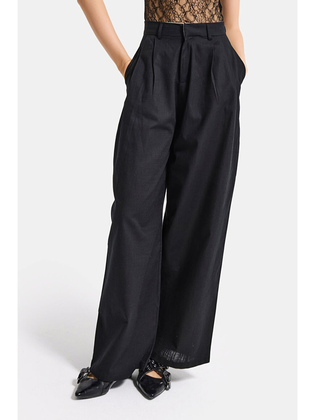 Kadın Siyah Palazzo Fit Yüksek Bel Organik Keten Pantolon-5