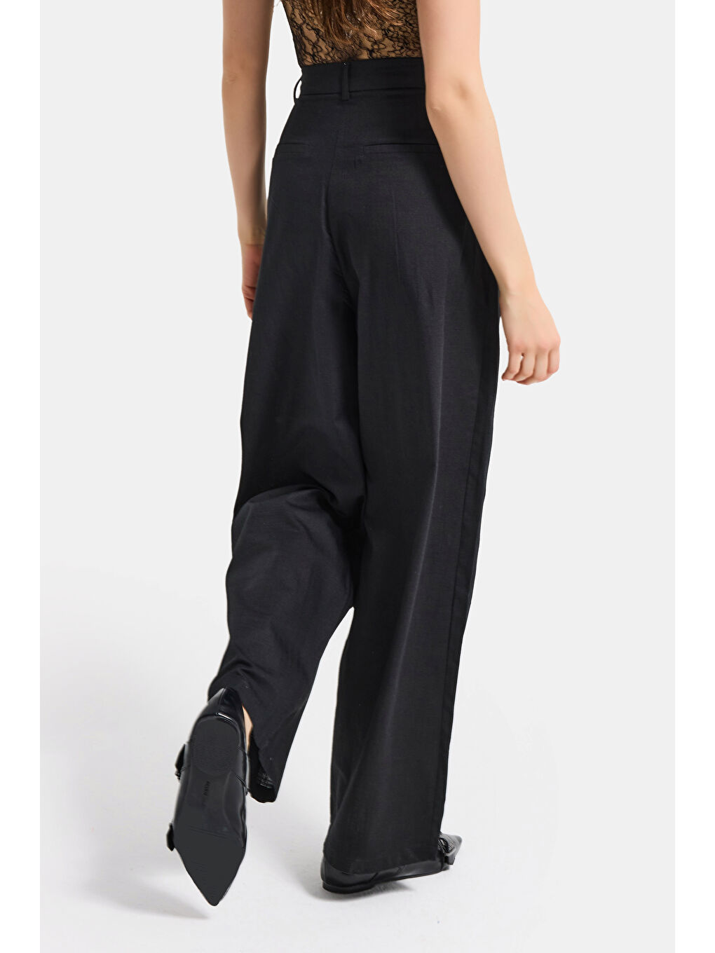 Kadın Siyah Palazzo Fit Yüksek Bel Organik Keten Pantolon-6