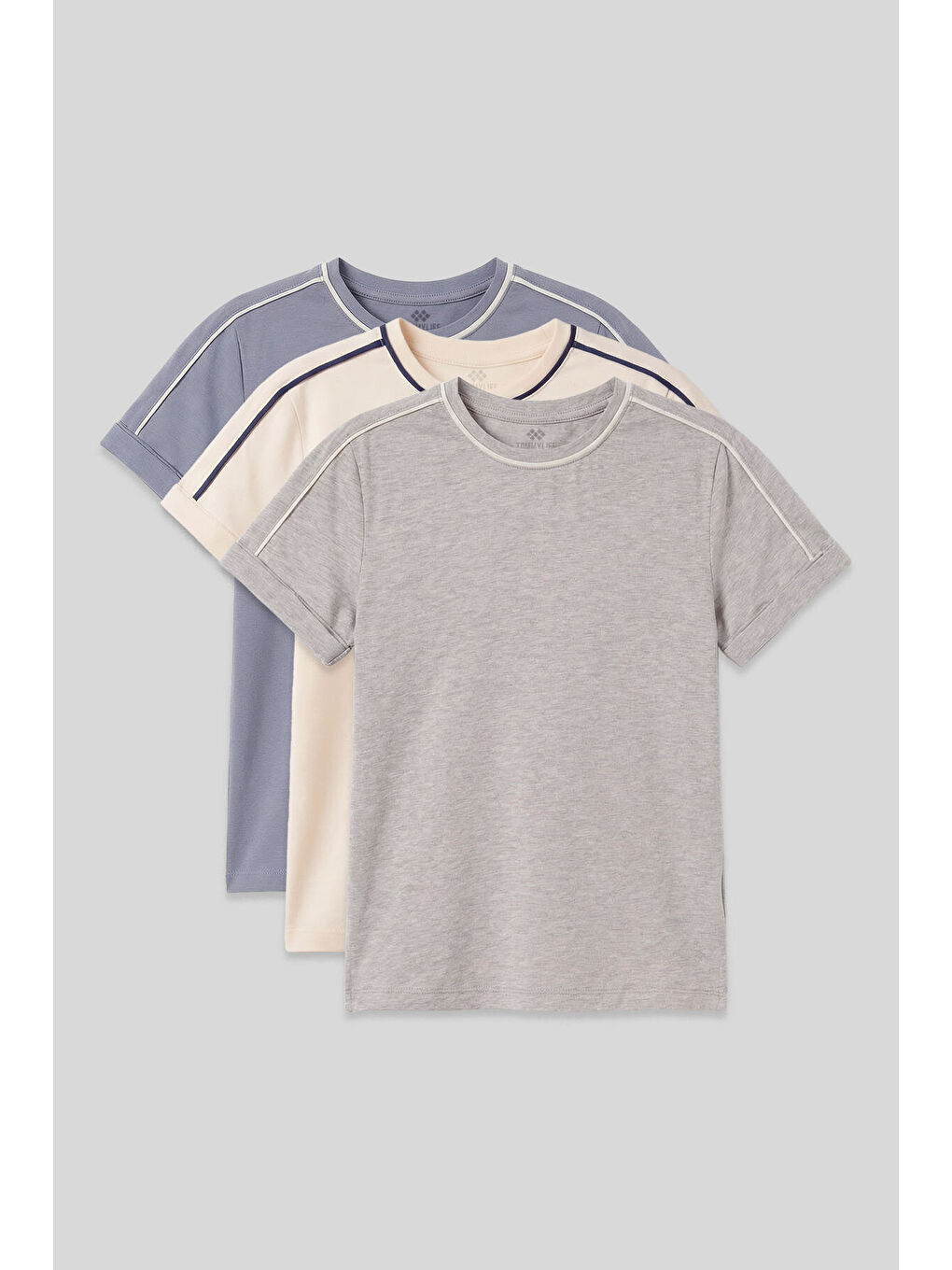Standart Fit O Yaka 3lü Paket Koyu Mavi-Ekru-Gri Melanj Kız Çocuk T-Shirt - 75177