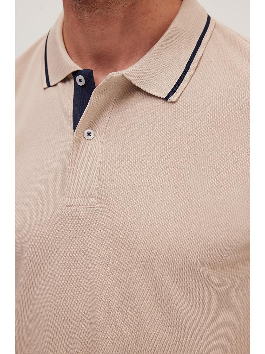 Bej Erkek Slim Fit Dar Kesim %100 Pamuk Yumuşak Dokulu Serin Tutan Kumaş Düz Pike Taş Polo Yaka Tişört-2