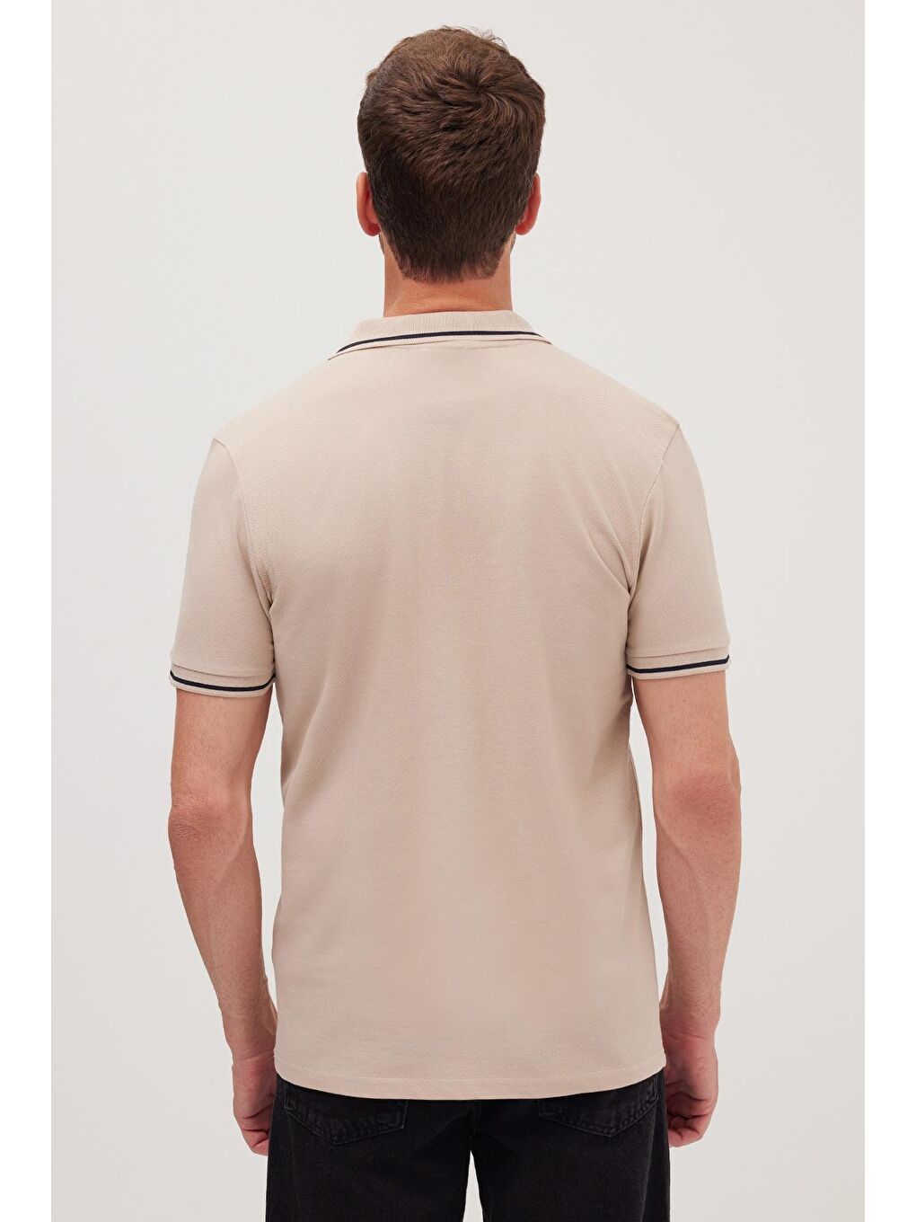 Bej Erkek Slim Fit Dar Kesim %100 Pamuk Yumuşak Dokulu Serin Tutan Kumaş Düz Pike Taş Polo Yaka Tişört-5