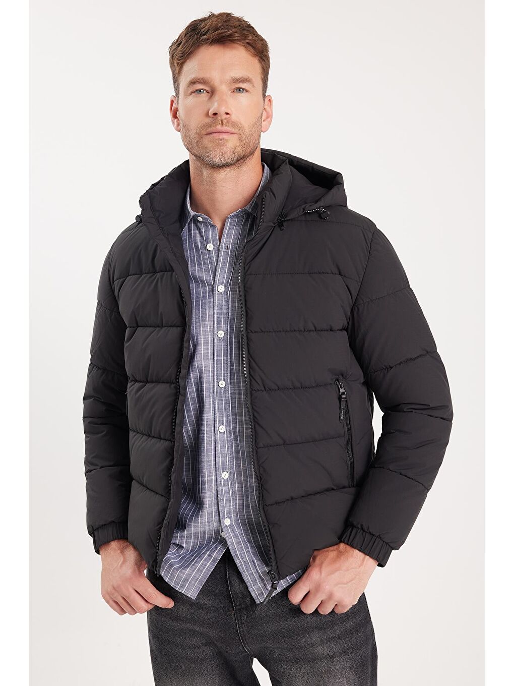 Bordo Erkek Relax Fit Rahat Kesim Çift Cepli Çıkarılabilir Kapüşonlu Sıcak Tutan Siyah Şişme Mont