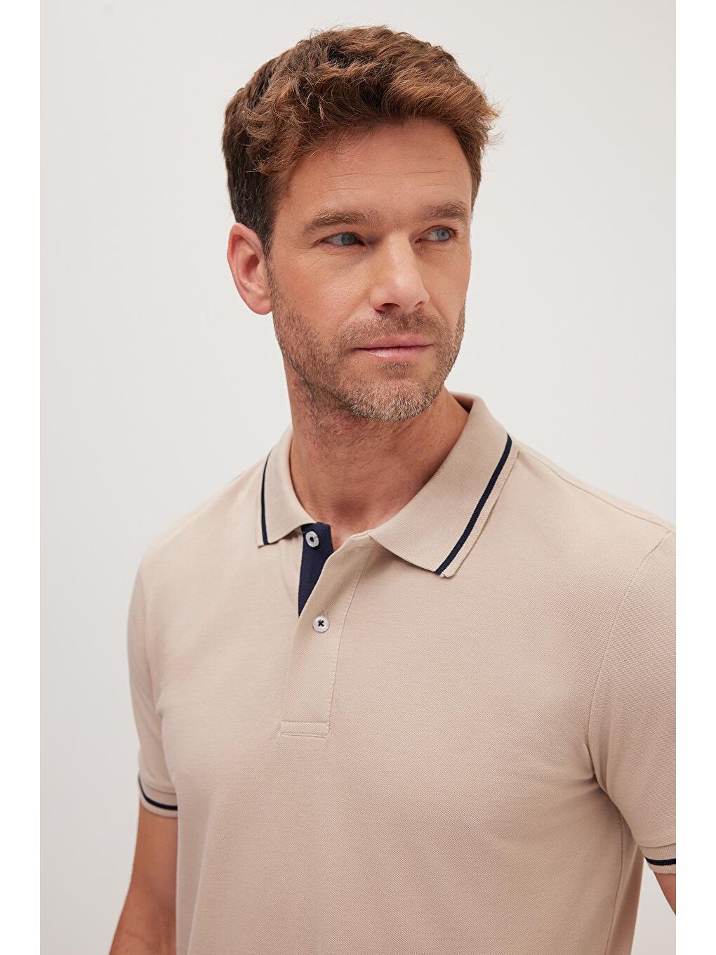 Bej Erkek Slim Fit Dar Kesim %100 Pamuk Yumuşak Dokulu Serin Tutan Kumaş Düz Pike Taş Polo Yaka Tişört-6