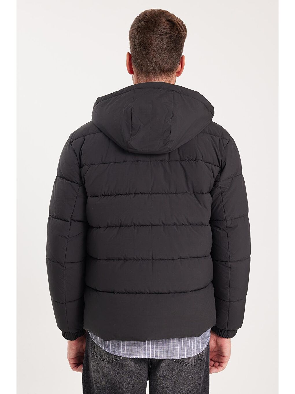 Bordo Erkek Relax Fit Rahat Kesim Çift Cepli Çıkarılabilir Kapüşonlu Sıcak Tutan Siyah Şişme Mont-6