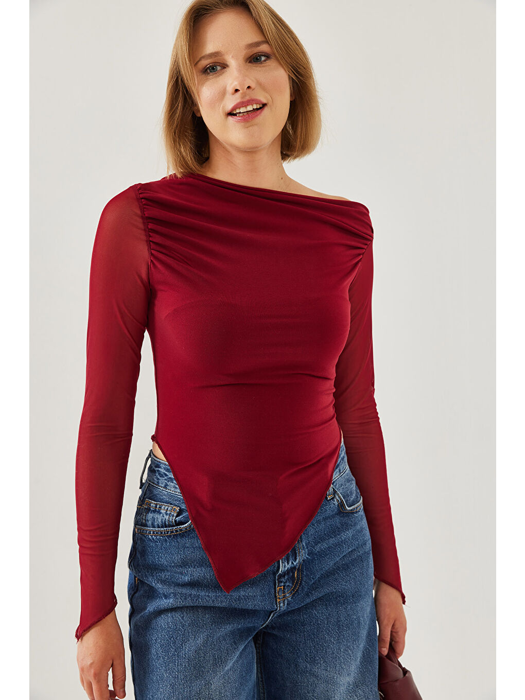 Bordo Kadın Tül Detay Asimetrik Kesim Bluz-1