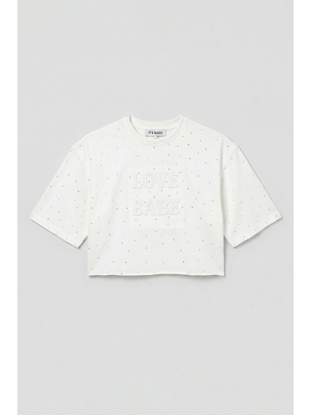 Kadın Beyaz T-s6-101 Crop Parlak Taşlı Özel Tasarım Örme T-Shirt