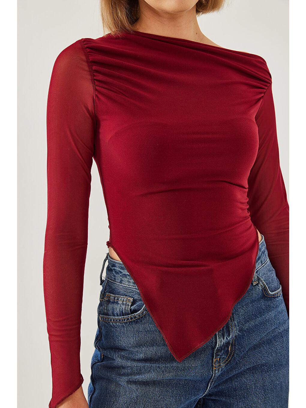 Bordo Kadın Tül Detay Asimetrik Kesim Bluz-3