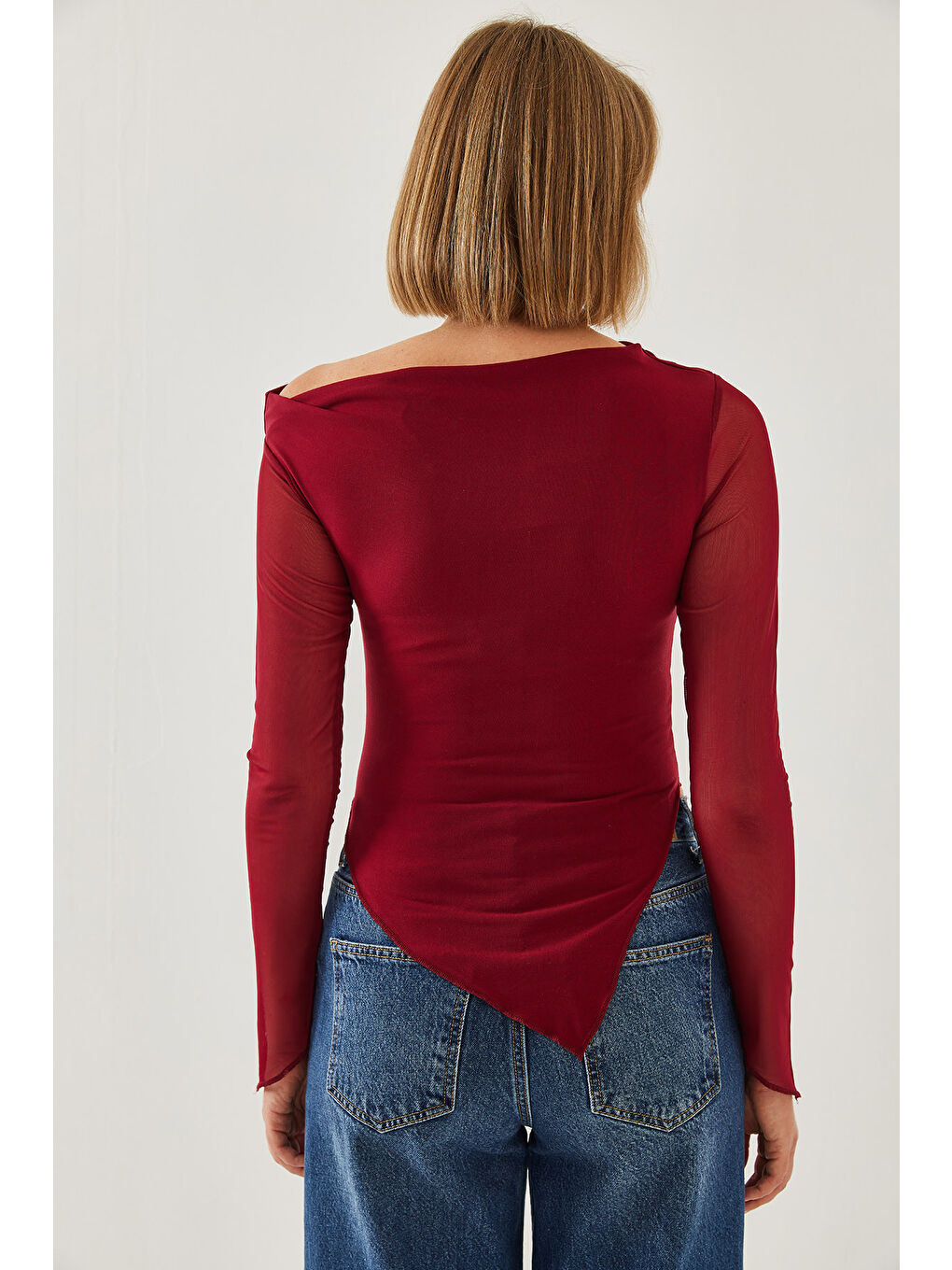 Bordo Kadın Tül Detay Asimetrik Kesim Bluz-4