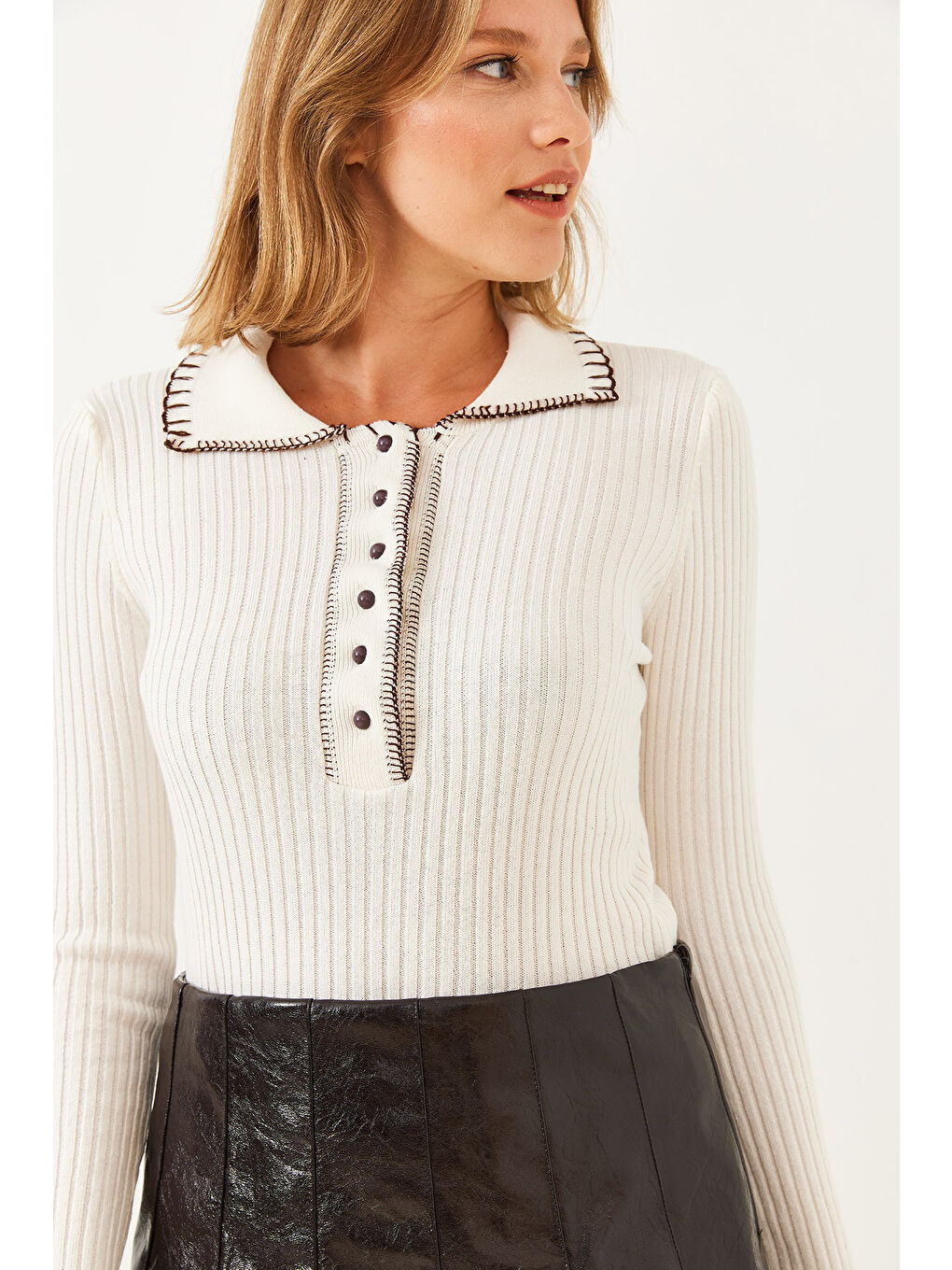 Lila Kadın Polo Yaka Düğmeli Triko Kazak-1