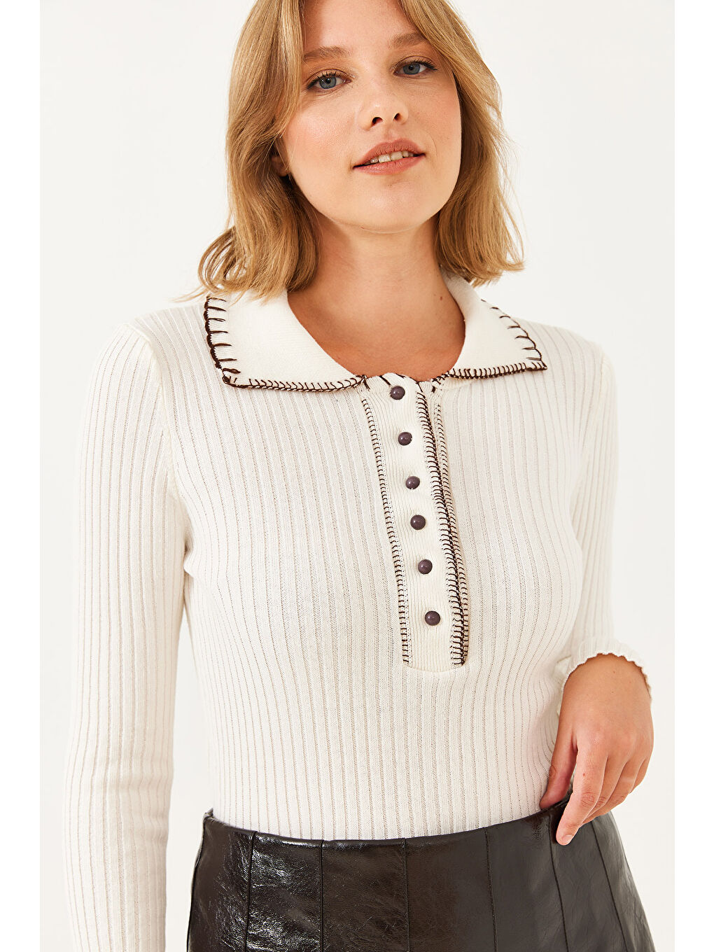 Lila Kadın Polo Yaka Düğmeli Triko Kazak-2