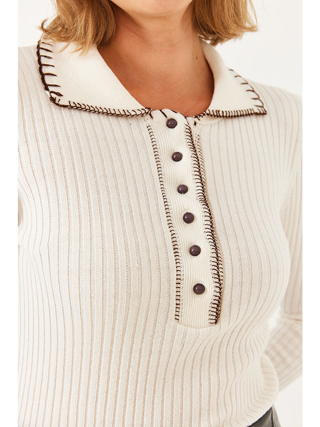 Lila Kadın Polo Yaka Düğmeli Triko Kazak-3