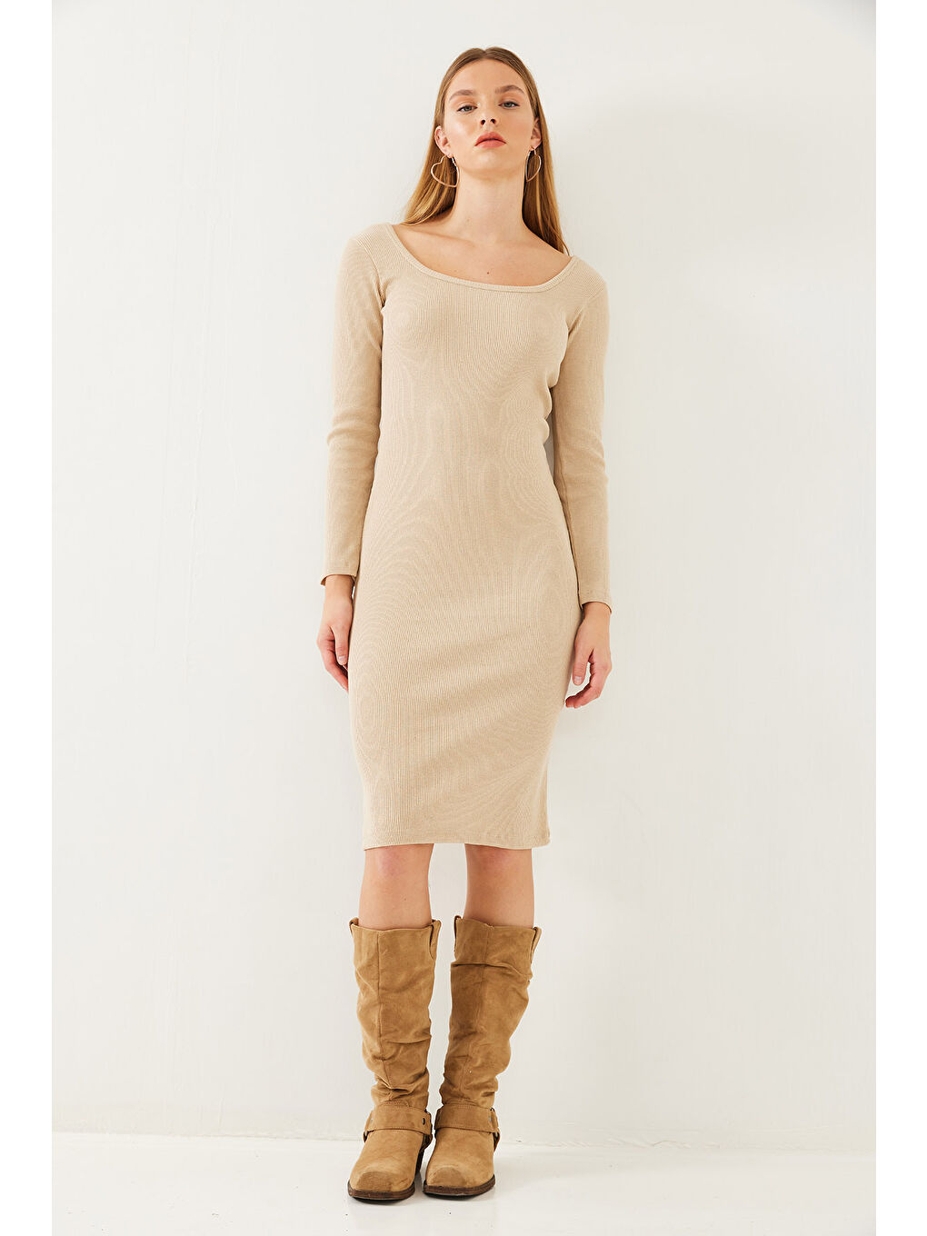 Bej Kadın Kare Yaka Uzun Kollu Basic Fitilli Elbise-1