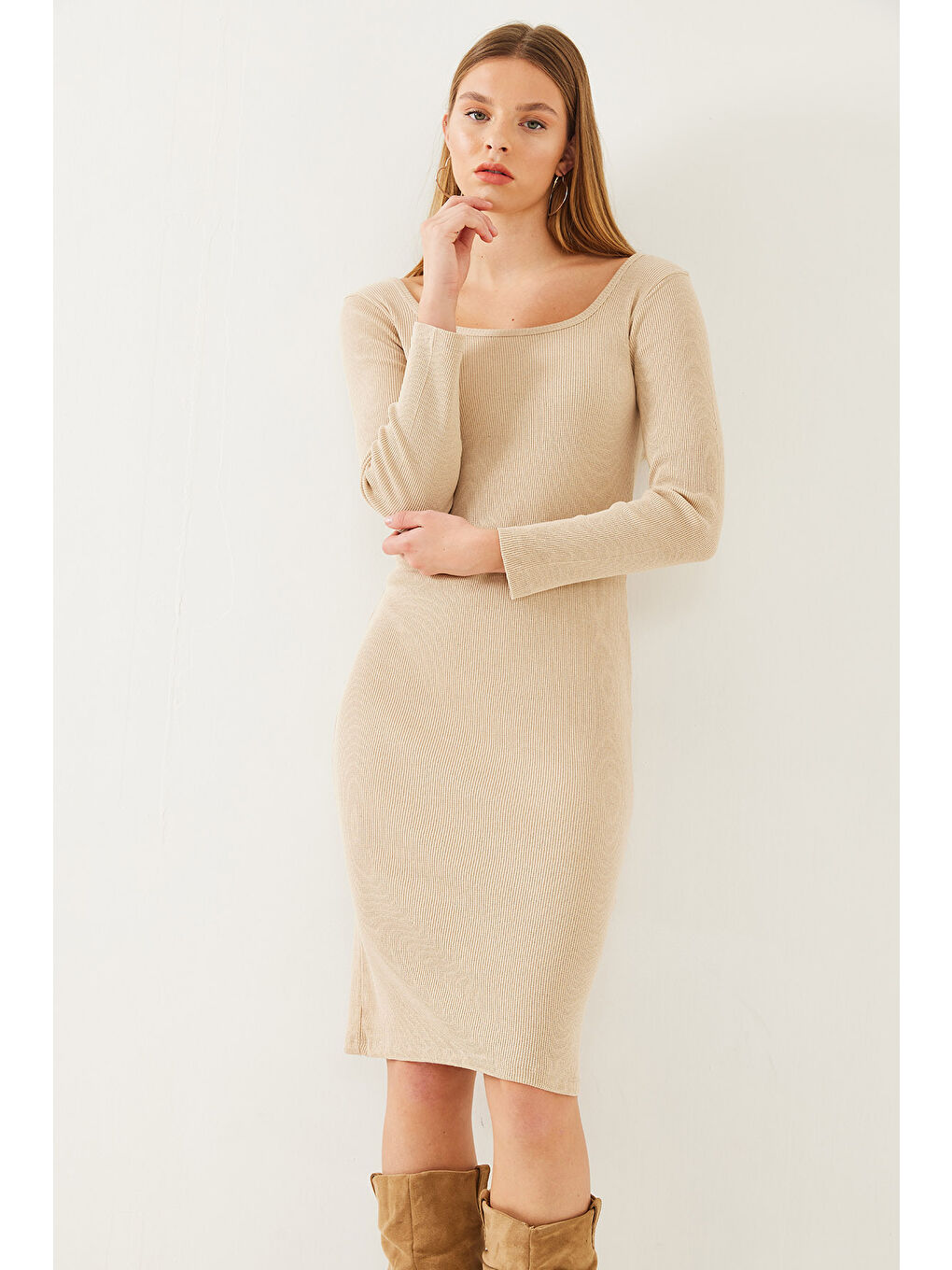 Bej Kadın Kare Yaka Uzun Kollu Basic Fitilli Elbise-2