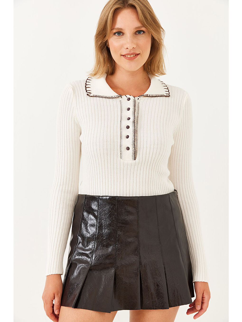 Lila Kadın Polo Yaka Düğmeli Triko Kazak-5