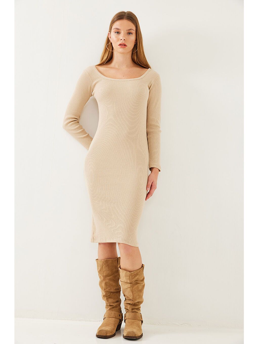 Bej Kadın Kare Yaka Uzun Kollu Basic Fitilli Elbise-4