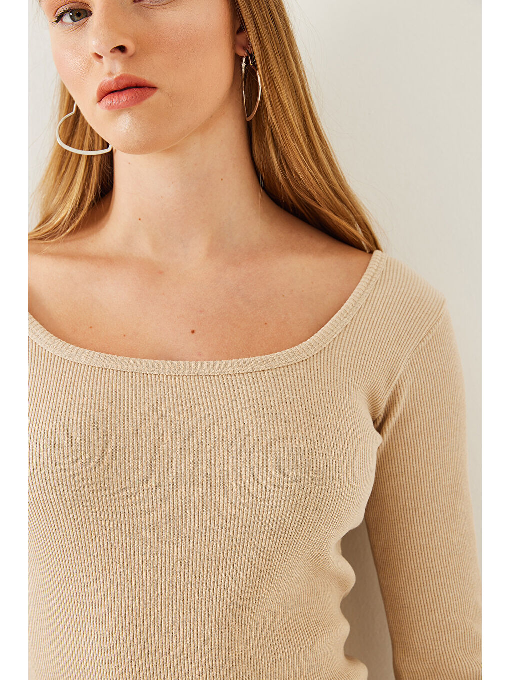 Bej Kadın Kare Yaka Uzun Kollu Basic Fitilli Elbise-5