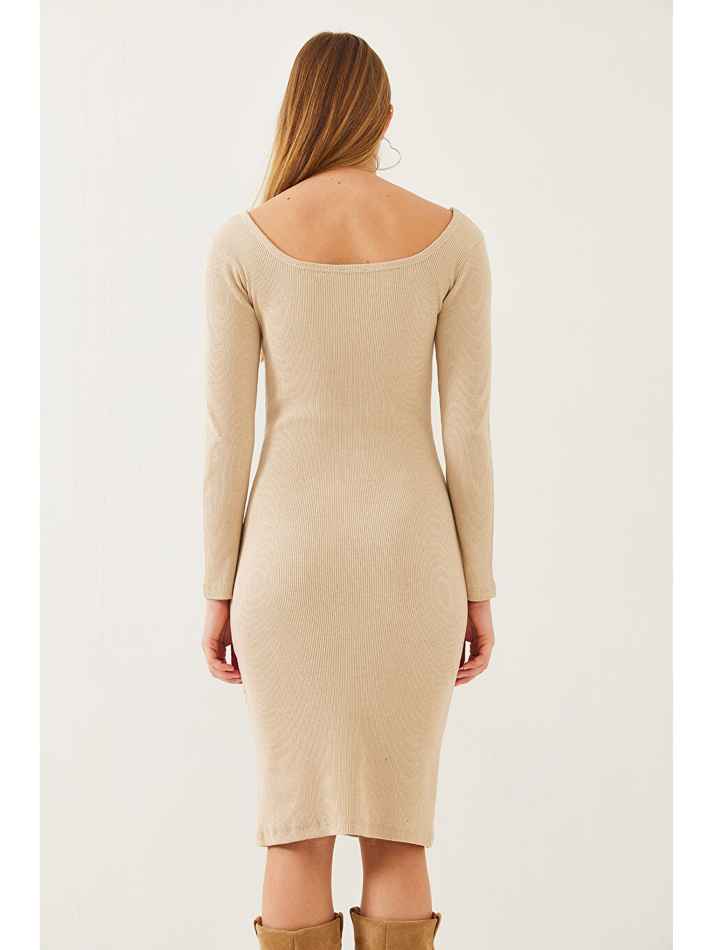 Bej Kadın Kare Yaka Uzun Kollu Basic Fitilli Elbise-6