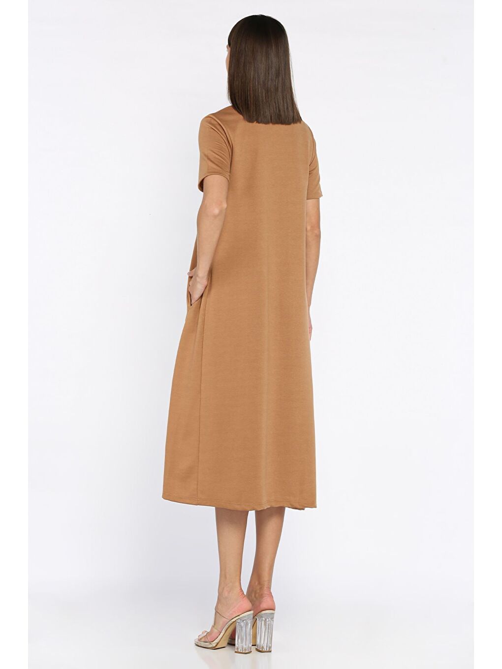 Kahverengi Bisiklet Yaka Cep Detaylı Kısa Kol Elbise-2