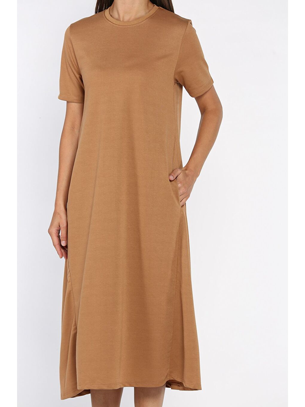 Kahverengi Bisiklet Yaka Cep Detaylı Kısa Kol Elbise-3