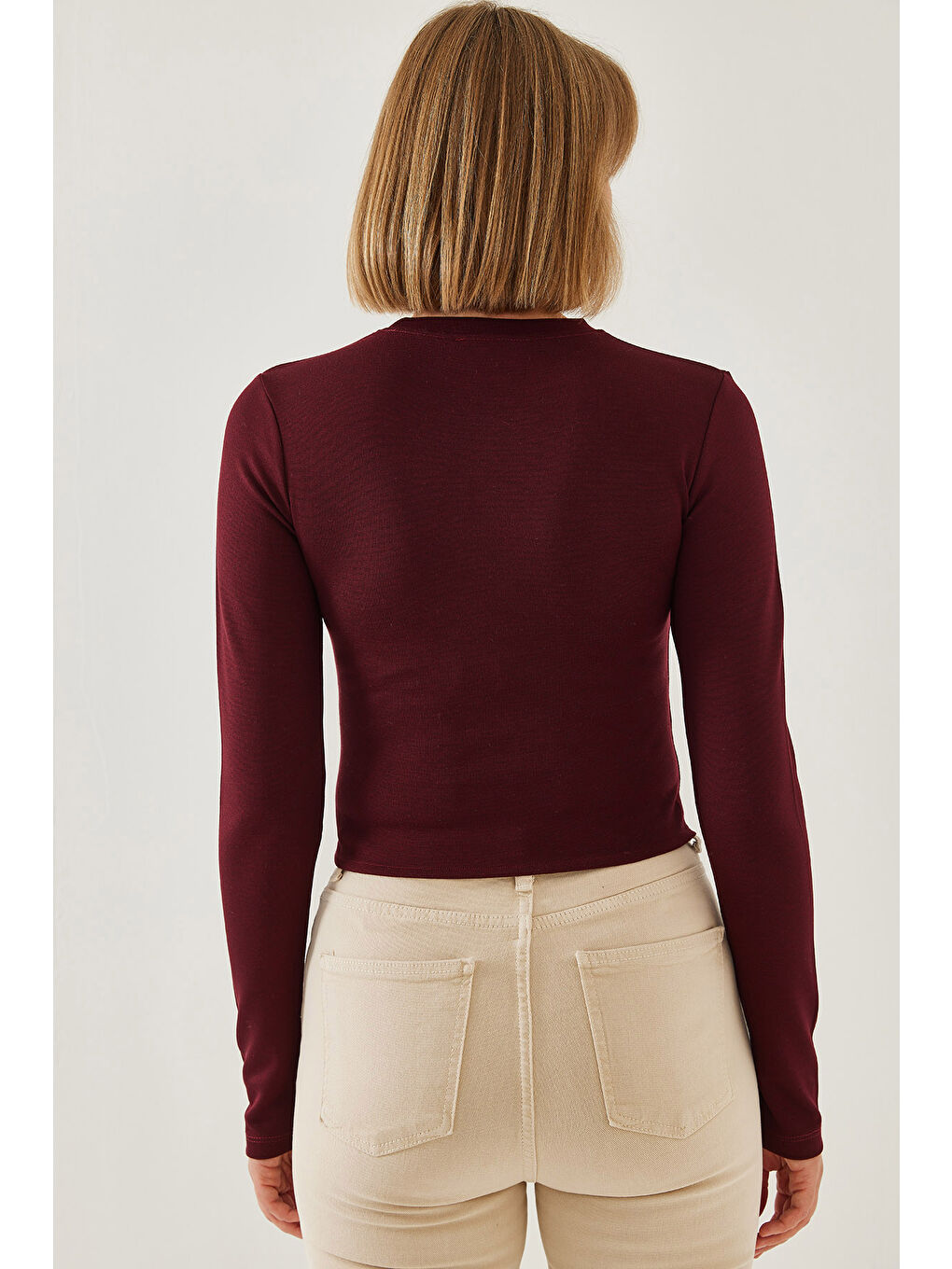 Bordo Kadın Düğme Desenli Asimetrik Kesim Bluz-4