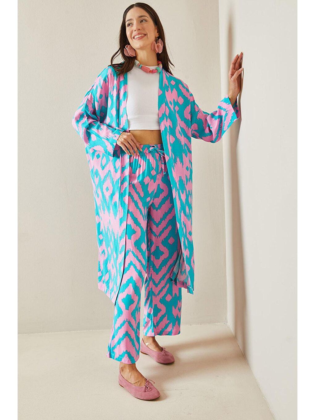 XHAN Turkuaz Desenli Kimono Takım 5YXK8-48668-13