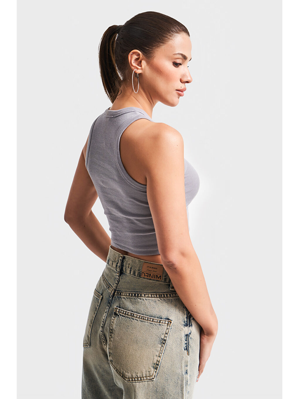 Kadın Antrasit Renk s5-12 Halter Yaka Esnek Kaşkorse Kumaş Crop Top Body-2